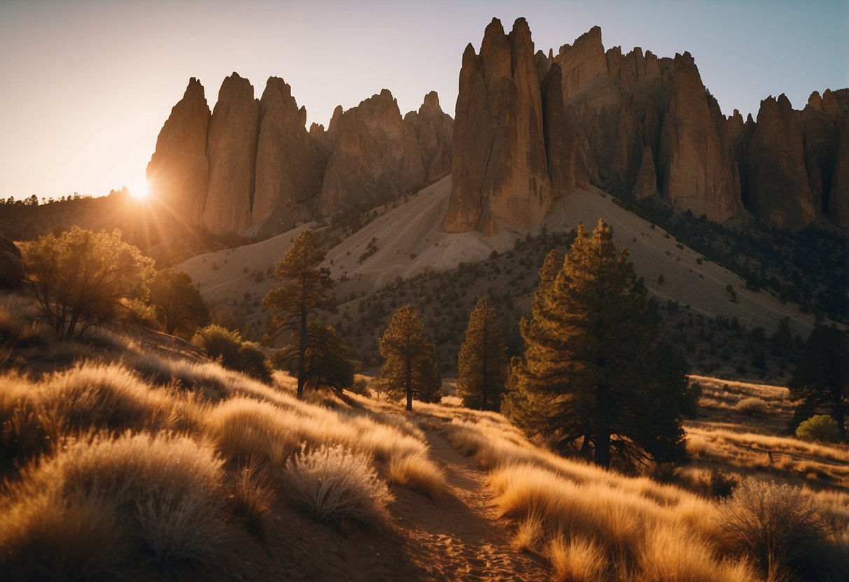 Sunset at Smith Rock State Park, with towering desert rock formations and climbers ascending challenging routes