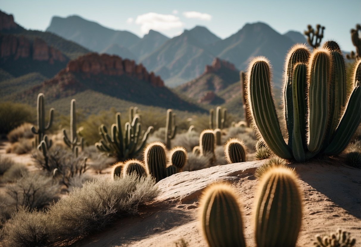 Rock formations towering over desert landscape, with jagged peaks and steep cliffs, surrounded by cacti and scrub brush