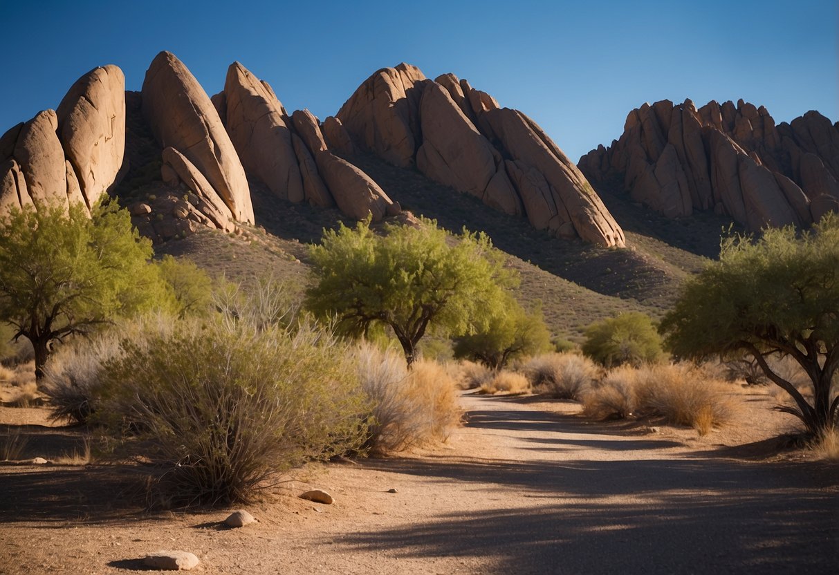 Rock formations rise sharply in Cochise Stronghold, casting dramatic shadows. The desert landscape is dotted with challenging climbing routes