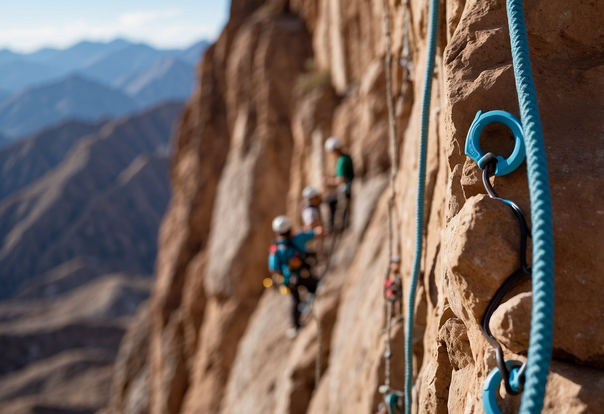 A desert rock climbing route with safety gear, ropes, and anchors in place. Clear blue sky, rugged terrain, and distant mountain peaks