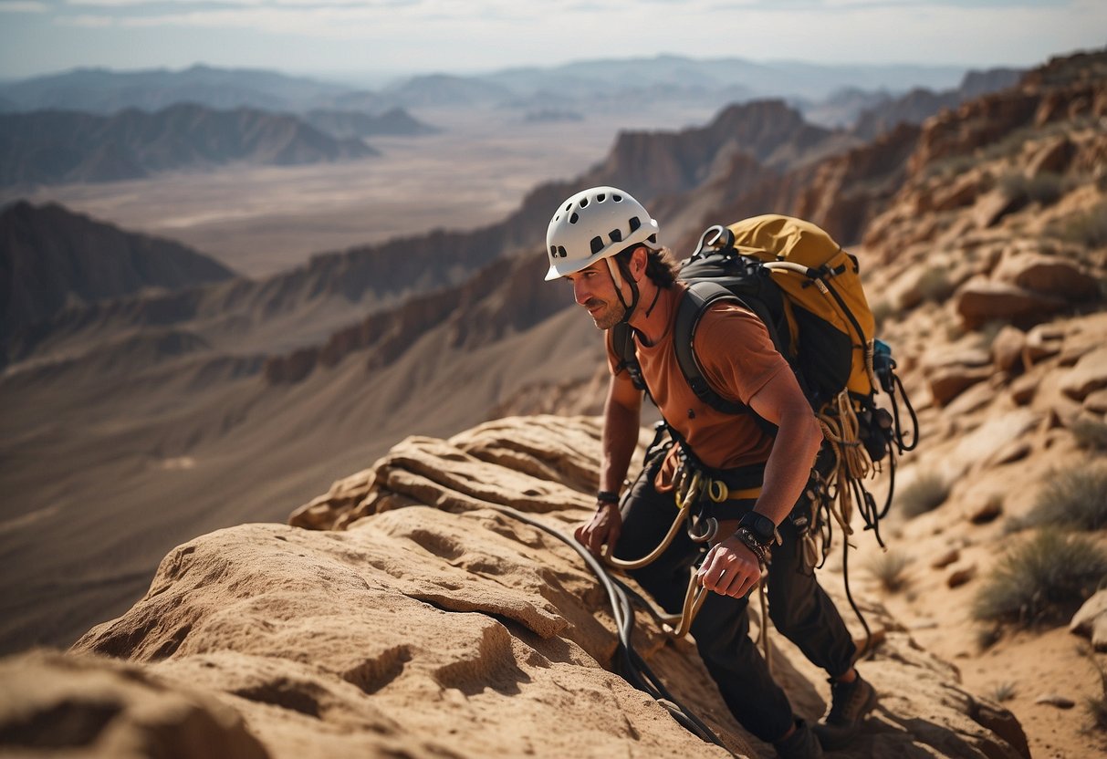 Rock climbers scaling steep desert cliffs, using ropes and gear, with vast desert landscape in the background