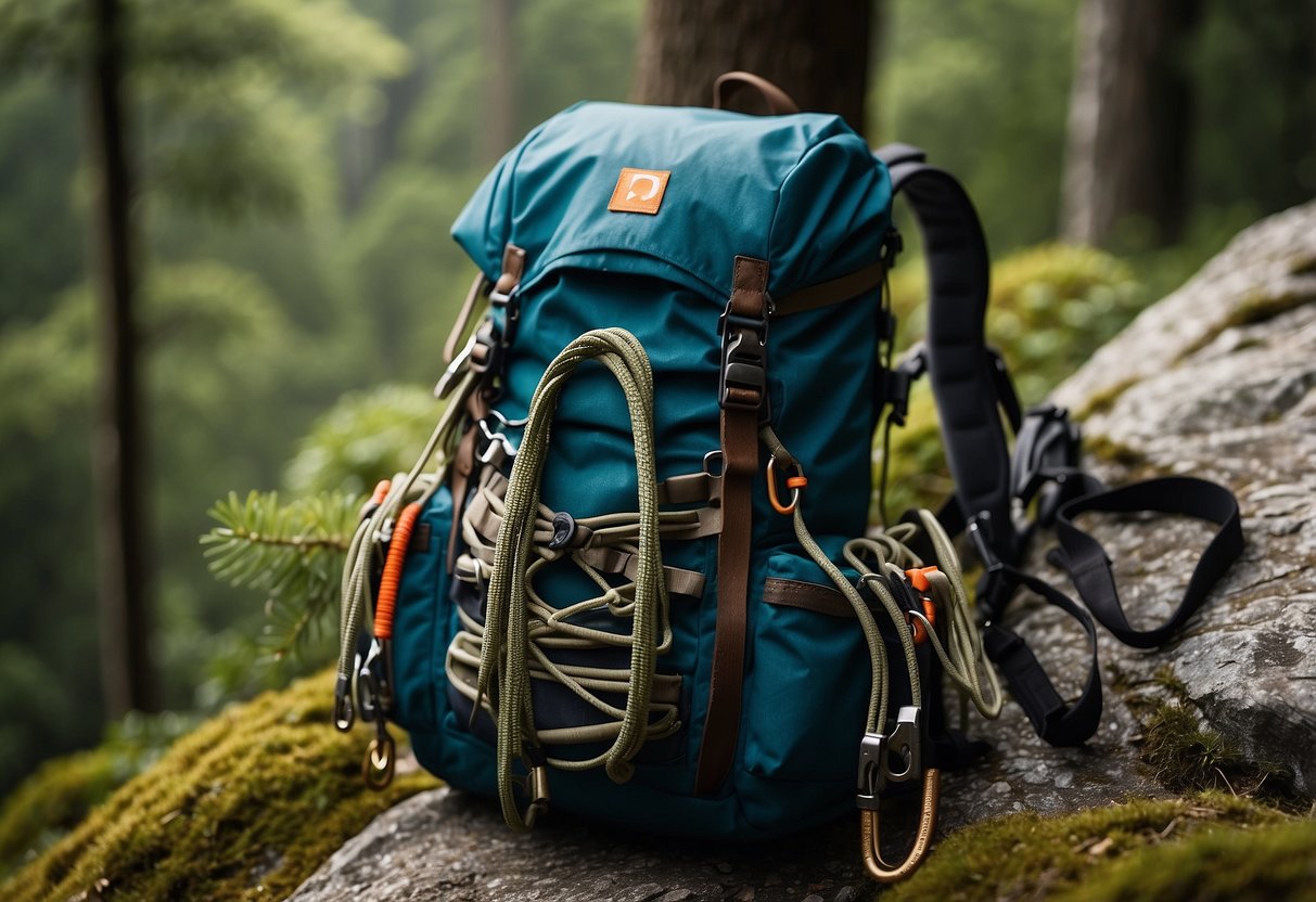 Climbing gear laid out on a rocky ledge, surrounded by lush greenery. A rope coils neatly next to a backpack, while carabiners and harnesses hang from a nearby tree branch