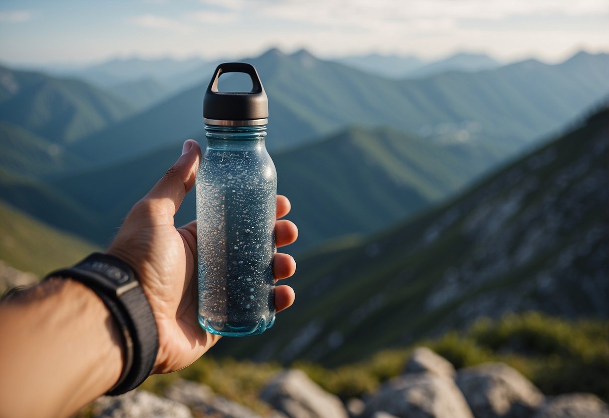 A mountain climber's hand reaching for a reusable water bottle, surrounded by climbing gear and a scenic mountain landscape