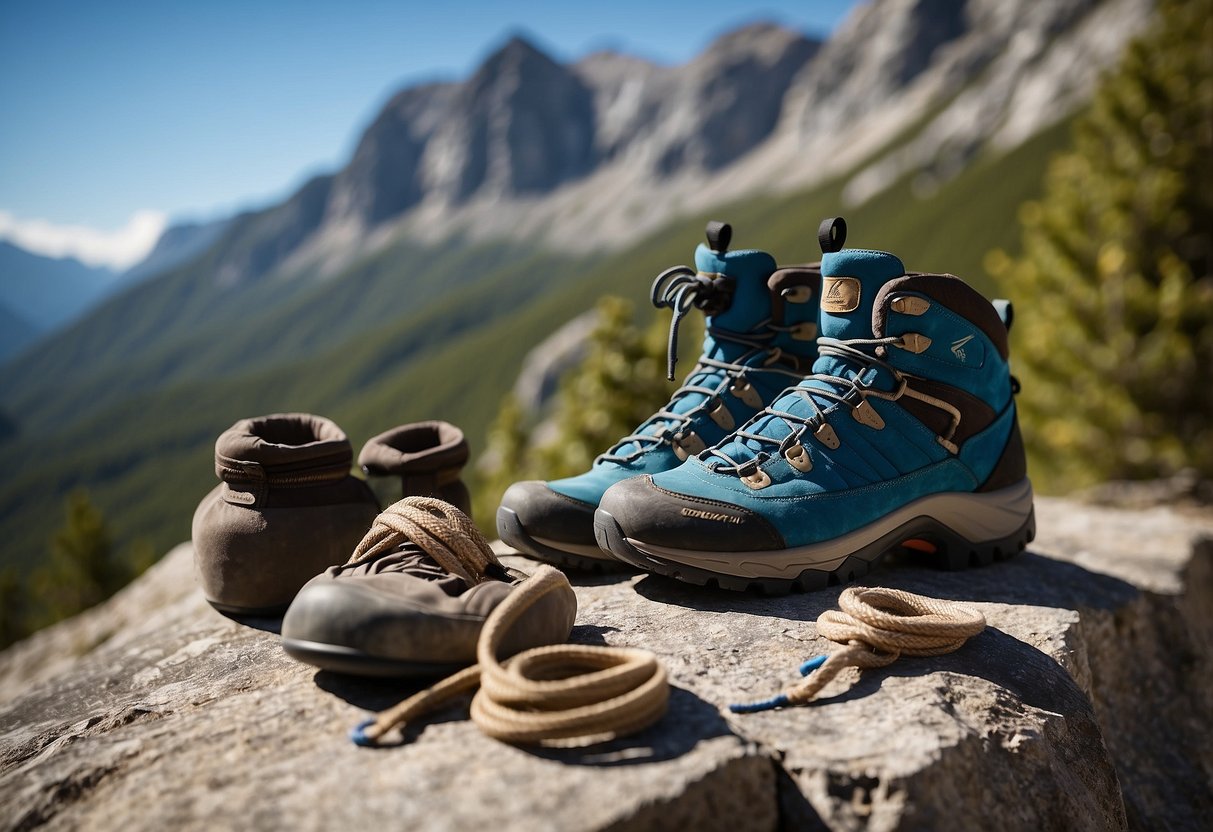 A pair of high-quality climbing shoes placed next to a chalk bag and a rope, set against a rugged mountain backdrop with clear blue skies