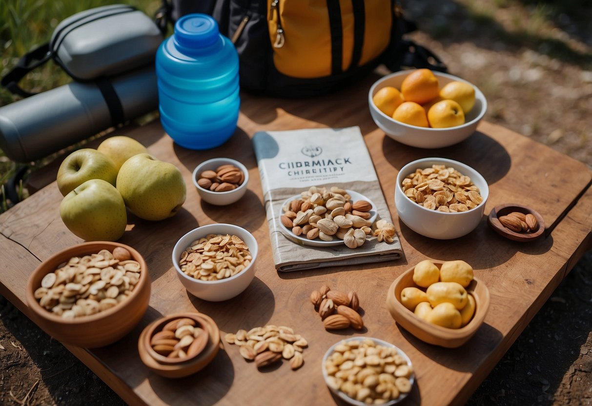 A table with various healthy snacks, such as nuts, fruits, and granola bars, is laid out next to a backpack and climbing gear. A water bottle and a map of the climbing area are also visible