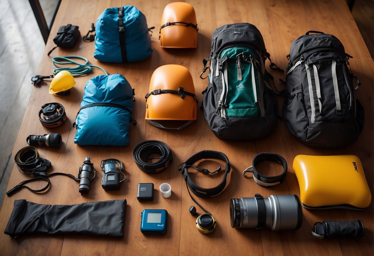 A group of climbing gear laid out on a table, including 5 different hydration systems. The sun is shining through a nearby window, casting a warm glow on the equipment