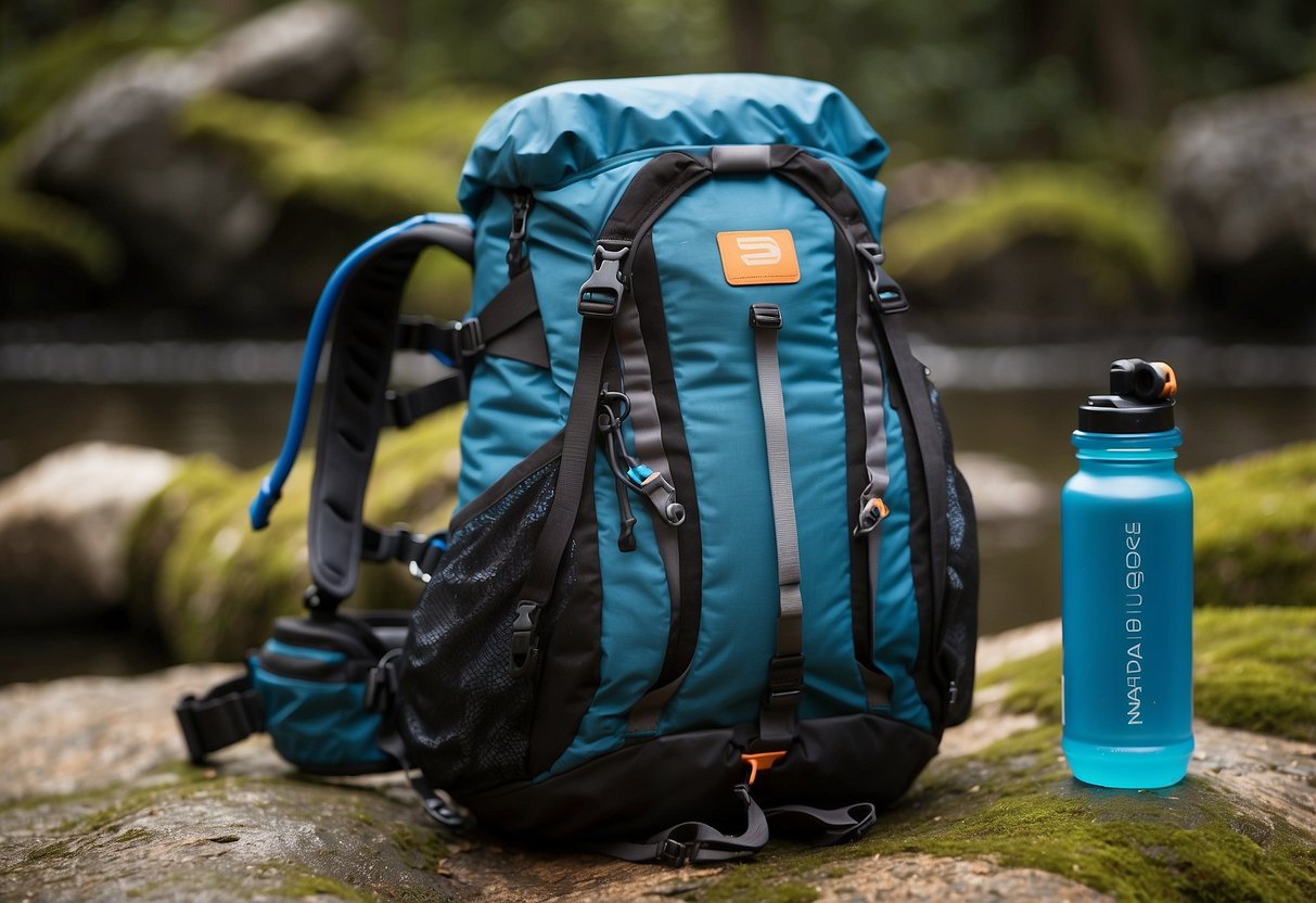 A platypus Big Zip EVO 5 hydration system is securely fastened to a climber's backpack, ready for a challenging ascent