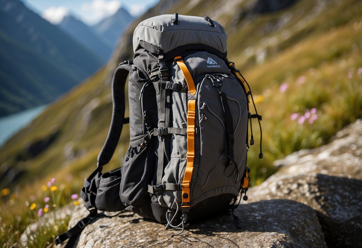 A Geigerrig Pressurized Hydration Engine is shown attached to a backpack, with a tube leading to the mouthpiece. The backpack is set against a rugged mountainous backdrop, indicating it is suitable for climbing trips