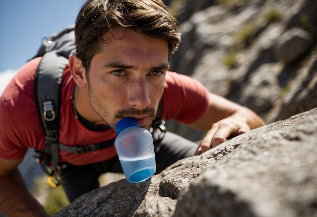 A climber effortlessly sips from a hydration system while scaling a rocky cliff. The convenient tube and reservoir allow for easy access to water, providing essential hydration during the challenging ascent