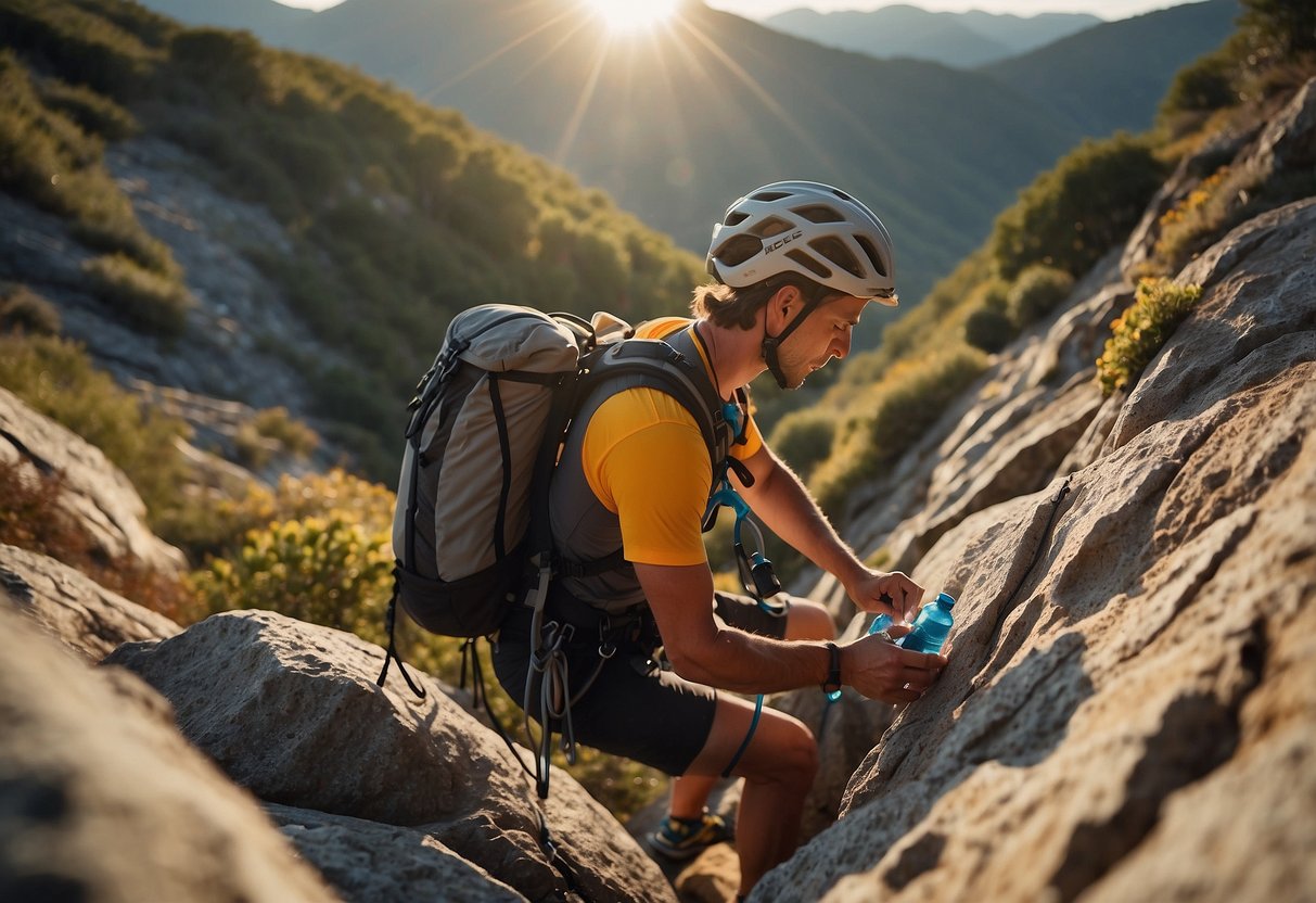 A climber reaching for a hydration system on a rocky cliff, with various options laid out nearby. The sun shines overhead, casting a warm glow on the gear