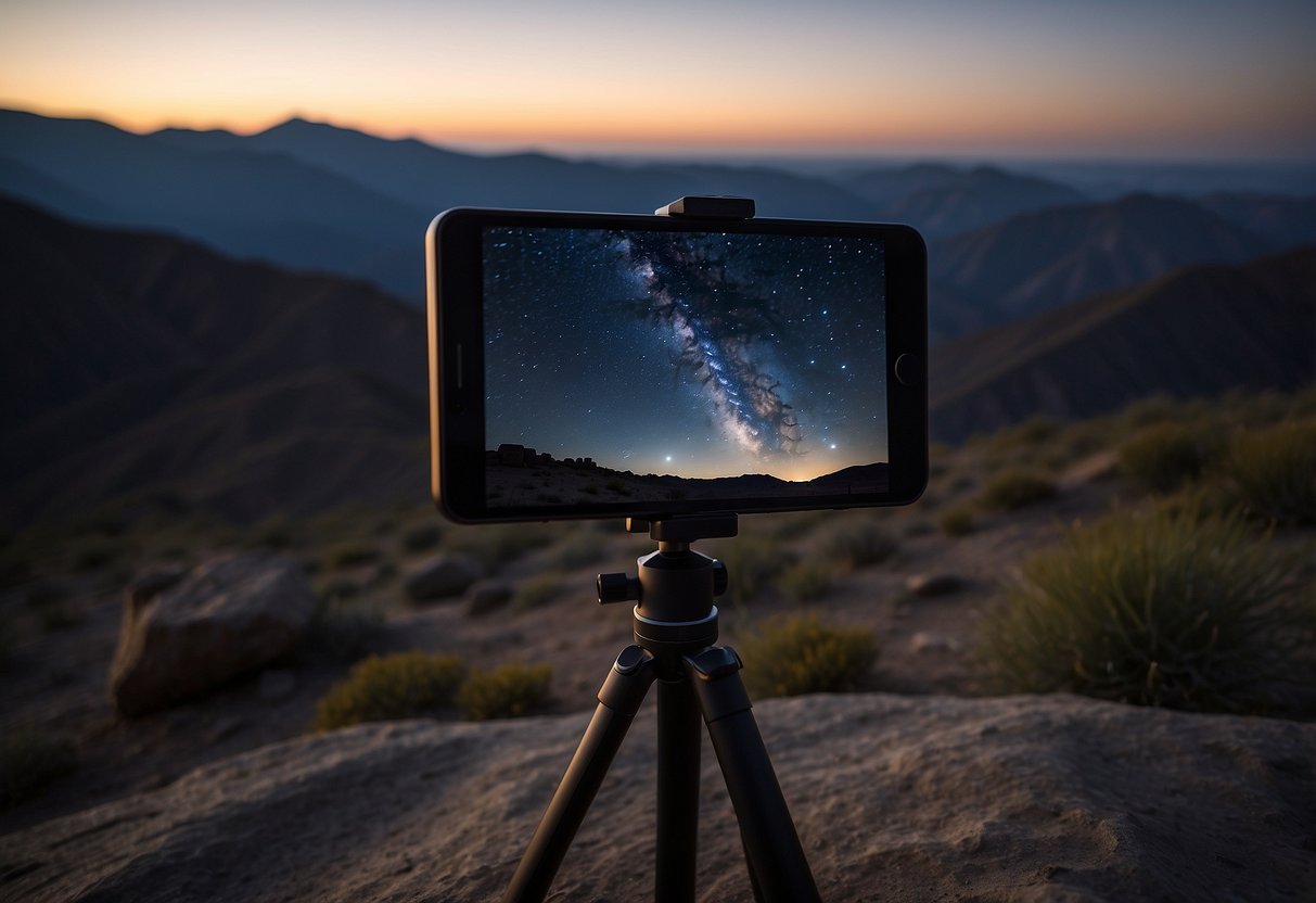 A clear night sky with twinkling stars over a serene, remote location, such as a mountaintop or desert, with a telescope and camping gear nearby