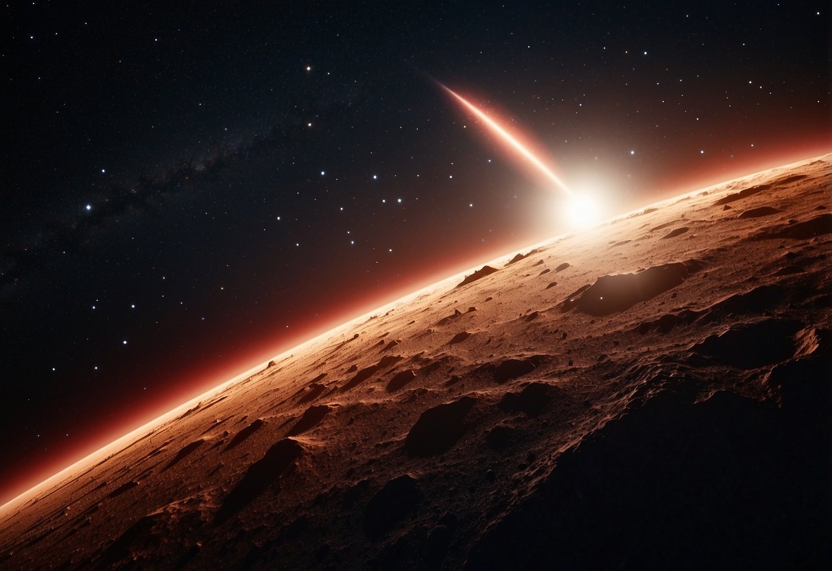 A comet streaks across a star-filled sky, as a lunar eclipse casts a red glow over the moon, while the Perseid meteor shower lights up the night