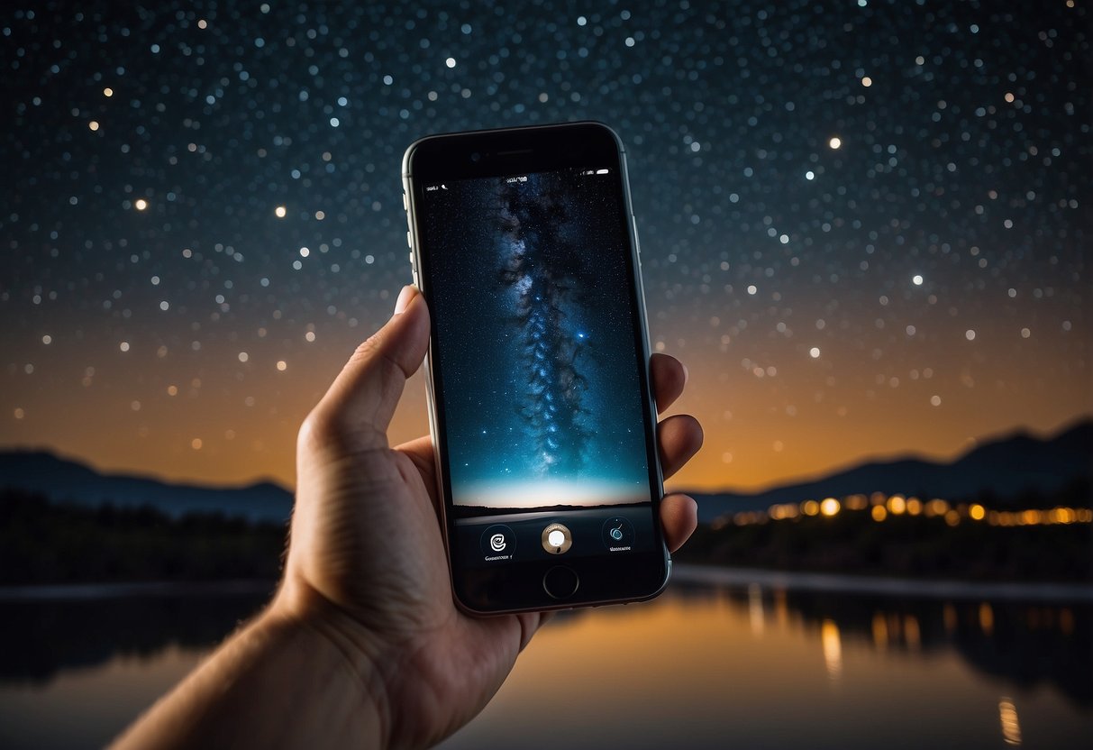 A smartphone with 5 stargazing apps displayed on the screen, surrounded by a dark, starry night sky