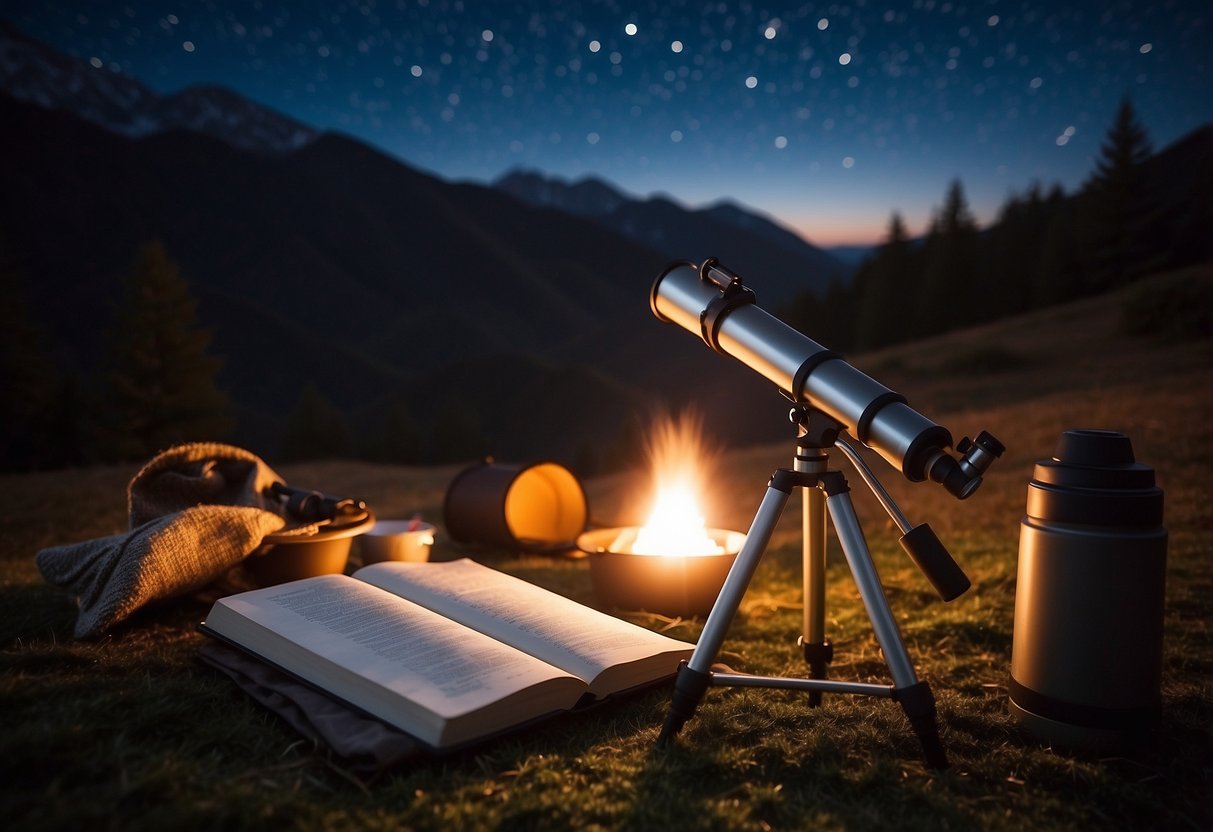 A clear night sky with twinkling stars, a telescope set up on a sturdy tripod, a cozy blanket spread out on the ground, a thermos of hot cocoa, and a notebook for jotting down celestial observations