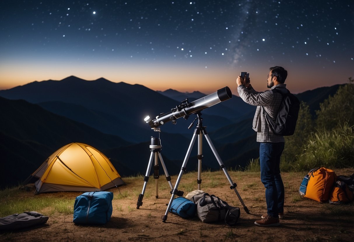 A clear night sky with stars and a telescope set up, surrounded by camping gear and a weather forecast displayed on a smartphone