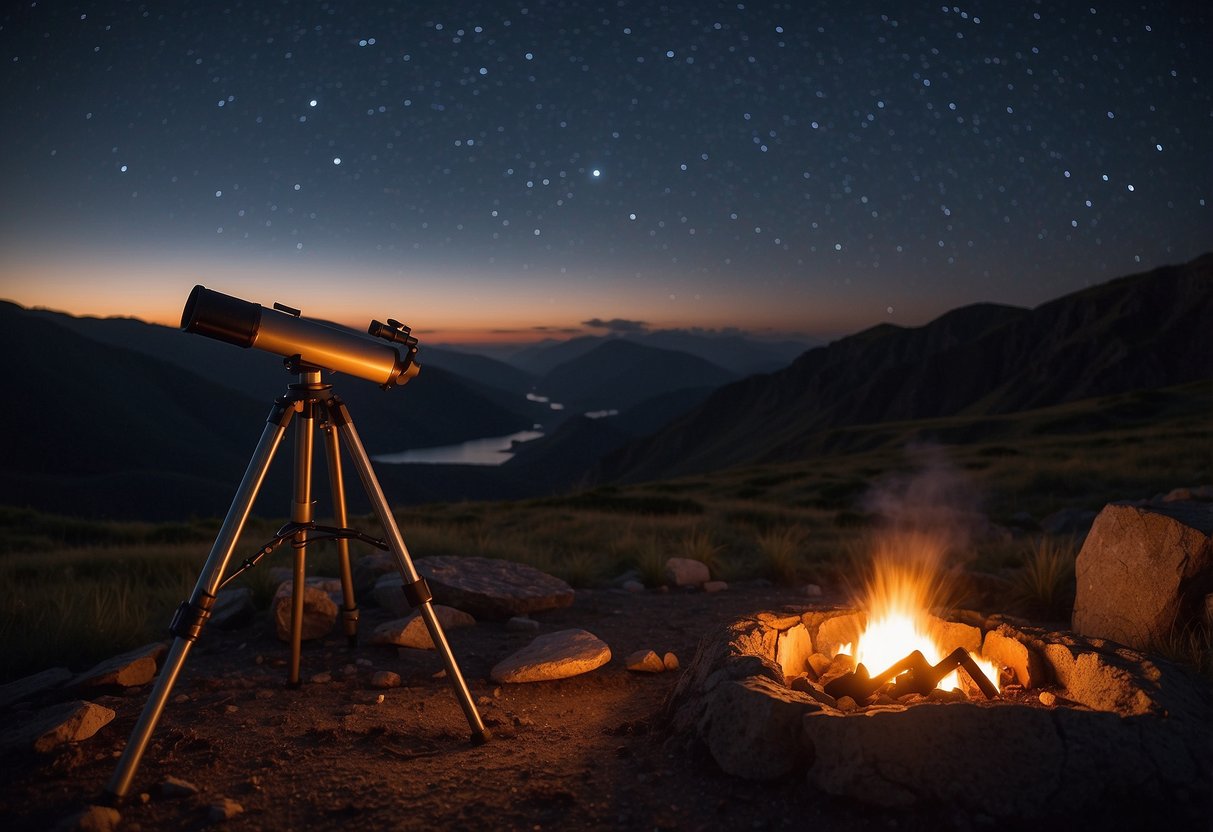 A serene, remote location with a clear, dark sky. A telescope and stargazing gear set up on a flat surface. A cozy campfire nearby, casting a warm glow