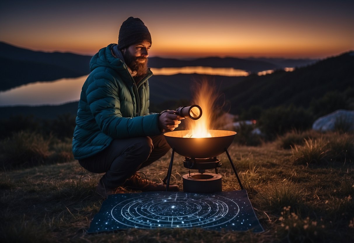 A person holding a detailed star map under a clear night sky, surrounded by a telescope, camping gear, and a cozy fire