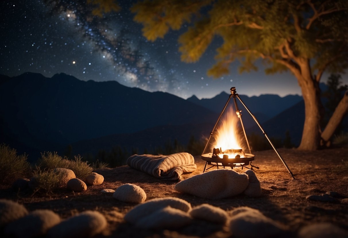 A clear night sky with twinkling stars, a telescope pointed upwards, a cozy blanket spread out on the ground, and a small campfire flickering nearby