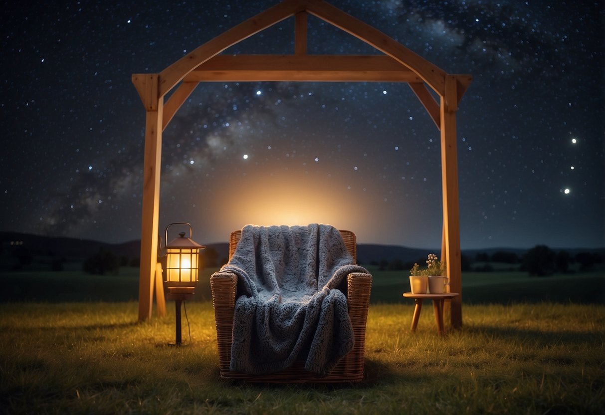 A cozy chair and blanket are set up under the starry night sky, surrounded by a peaceful and serene outdoor setting