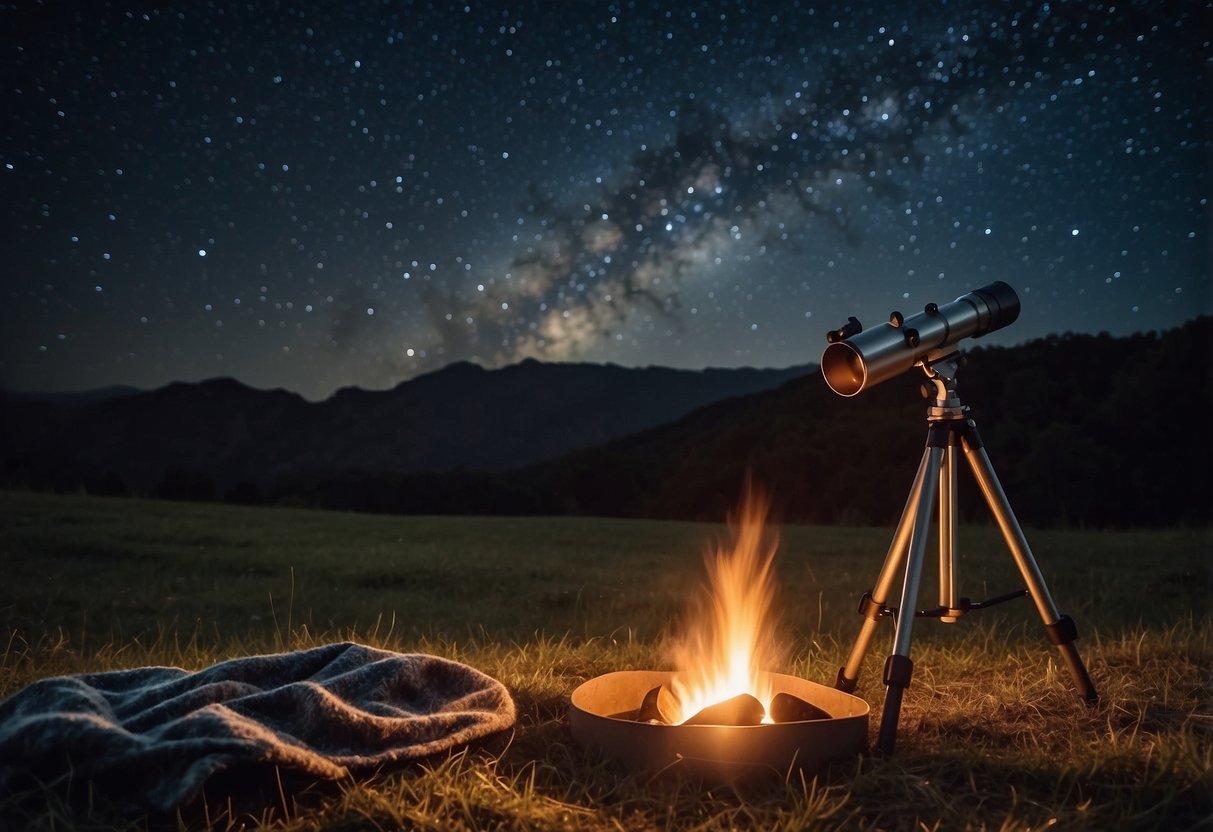 A telescope, binoculars, star maps, and a cozy blanket lay on a grassy clearing under a dark, starry sky. A campfire crackles nearby, casting a warm glow on the equipment