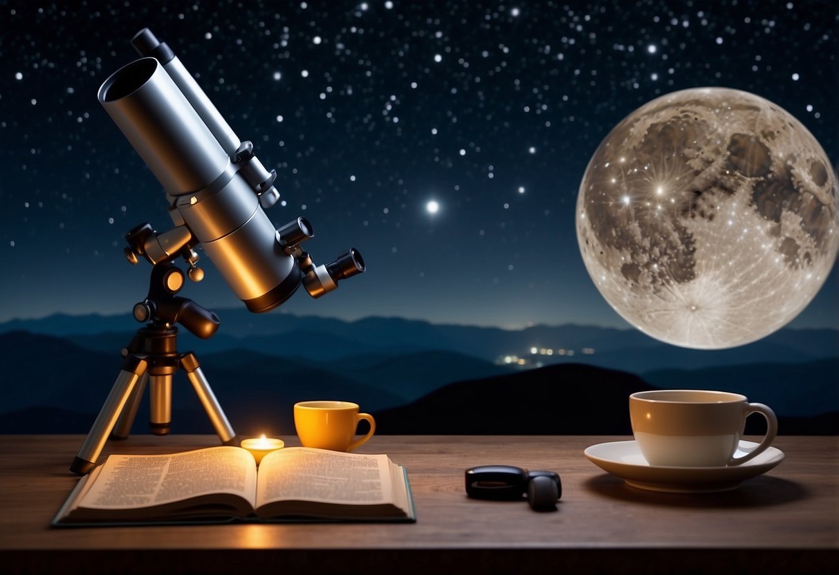 A dark, clear night sky with twinkling stars and a bright moon. A telescope and star charts lay on a table, while a cozy blanket and hot drinks await stargazers