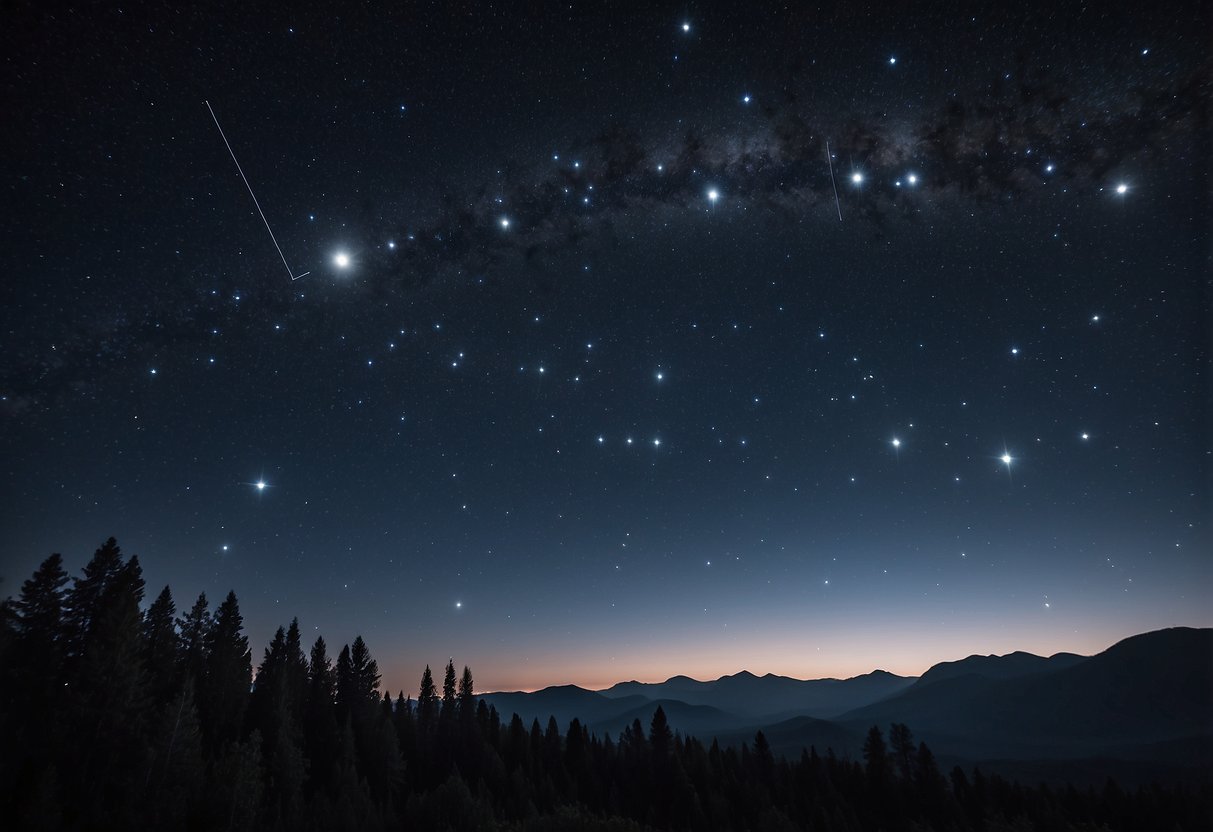 A night sky with 8 prominent constellations visible, including Orion, Ursa Major, and Cassiopeia. Bright stars and connecting lines form the recognizable shapes