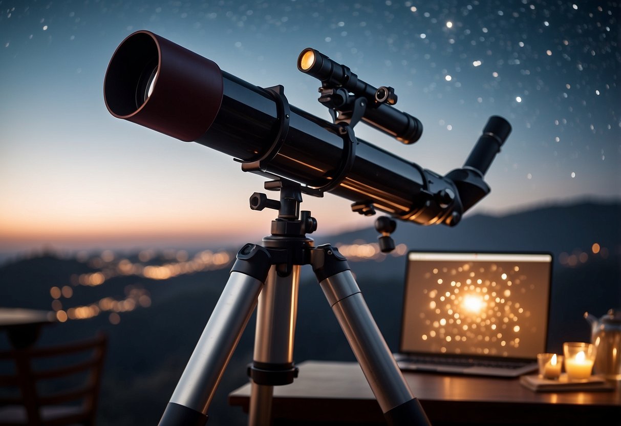 A telescope pointed at the night sky, a star chart, a red flashlight, a comfortable chair, and a notebook with a pen on a table