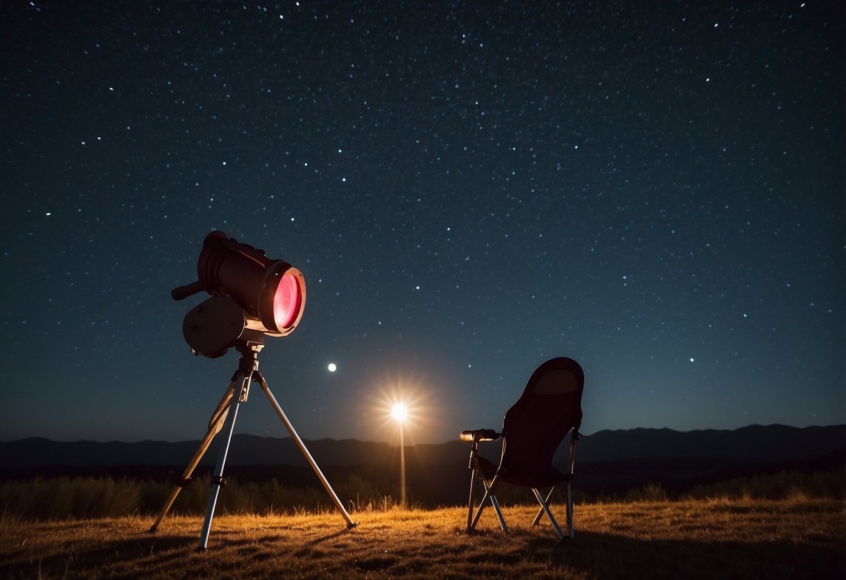 Clear night sky, no light pollution. Telescope, star chart, red flashlight, warm clothing, and a portable chair