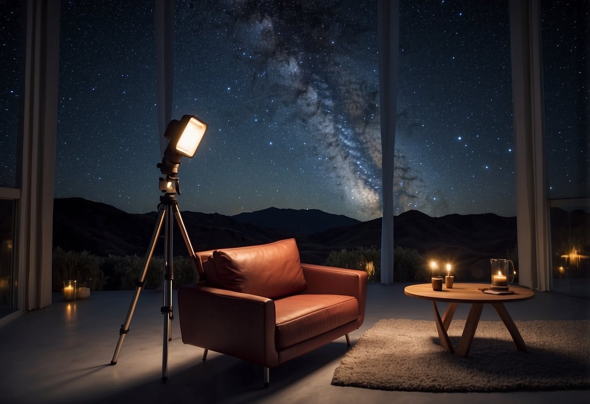 A telescope, star chart, red flashlight, smartphone with stargazing app, and a comfortable chair are arranged on a clear, starry night