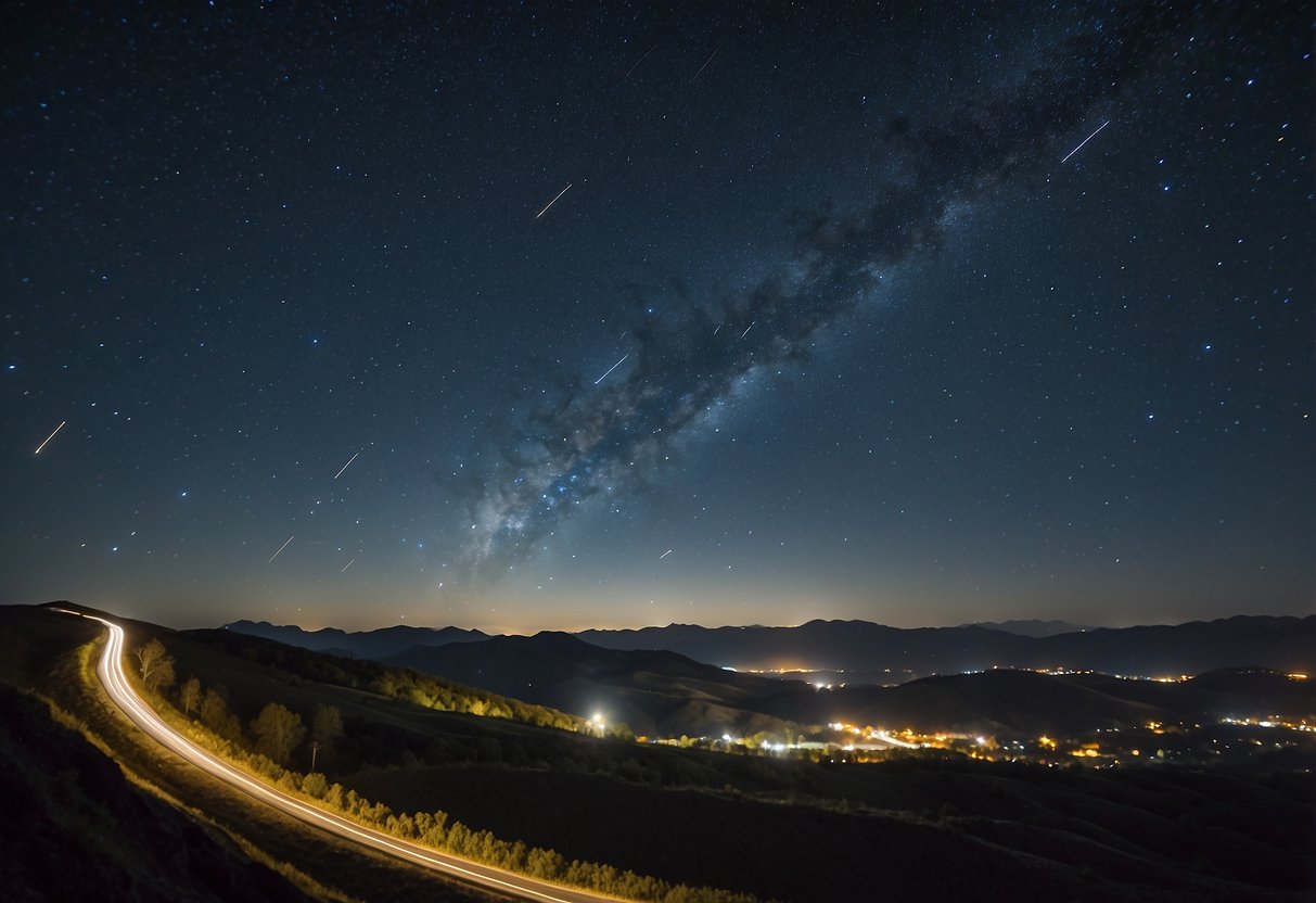 Vivid night sky with 10 meteor showers, each labeled with their peak dates and times. Bright streaks of meteors shooting across the sky