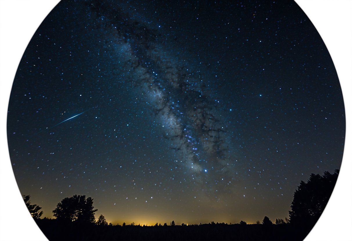 A dark night sky, filled with bright shooting stars streaking across the heavens, with the constellation Lyra visible in the background