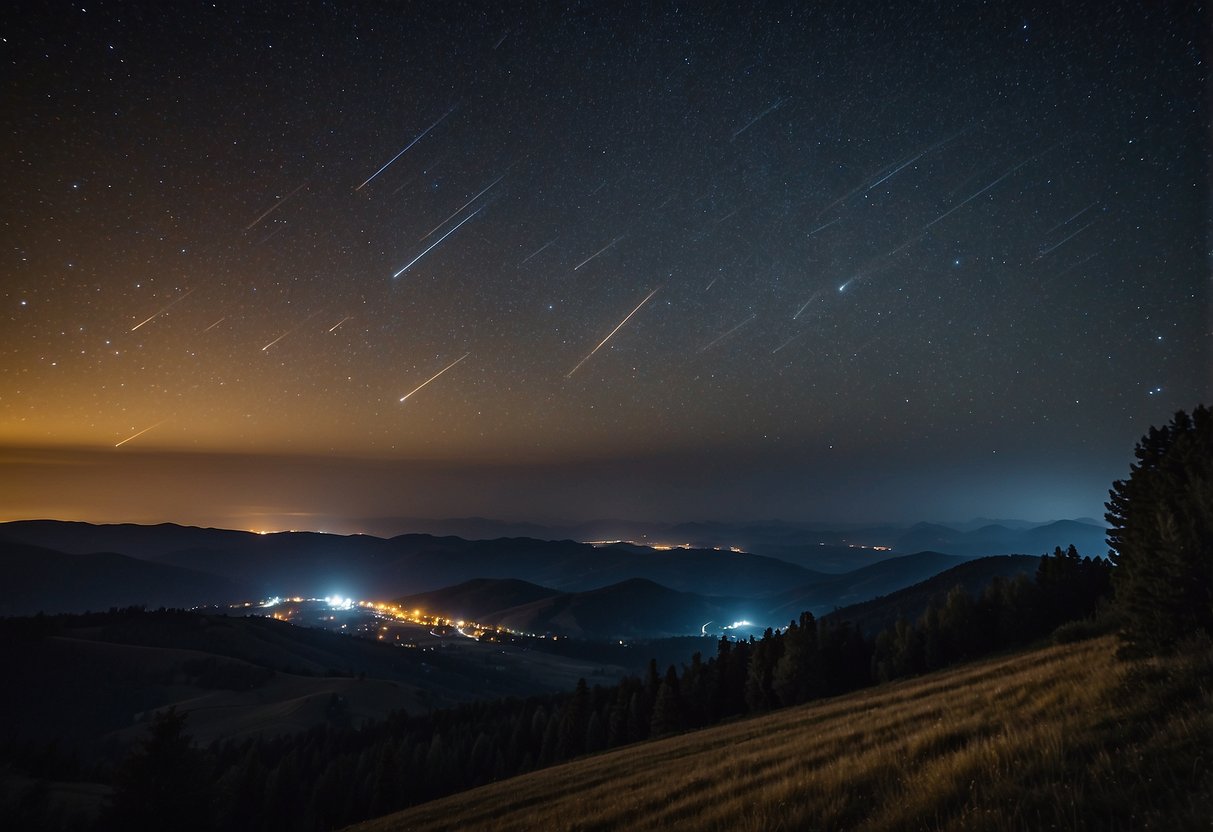 A dark sky with streaks of bright meteors, resembling shooting stars, lighting up the night during the Leonids meteor shower on November 10th