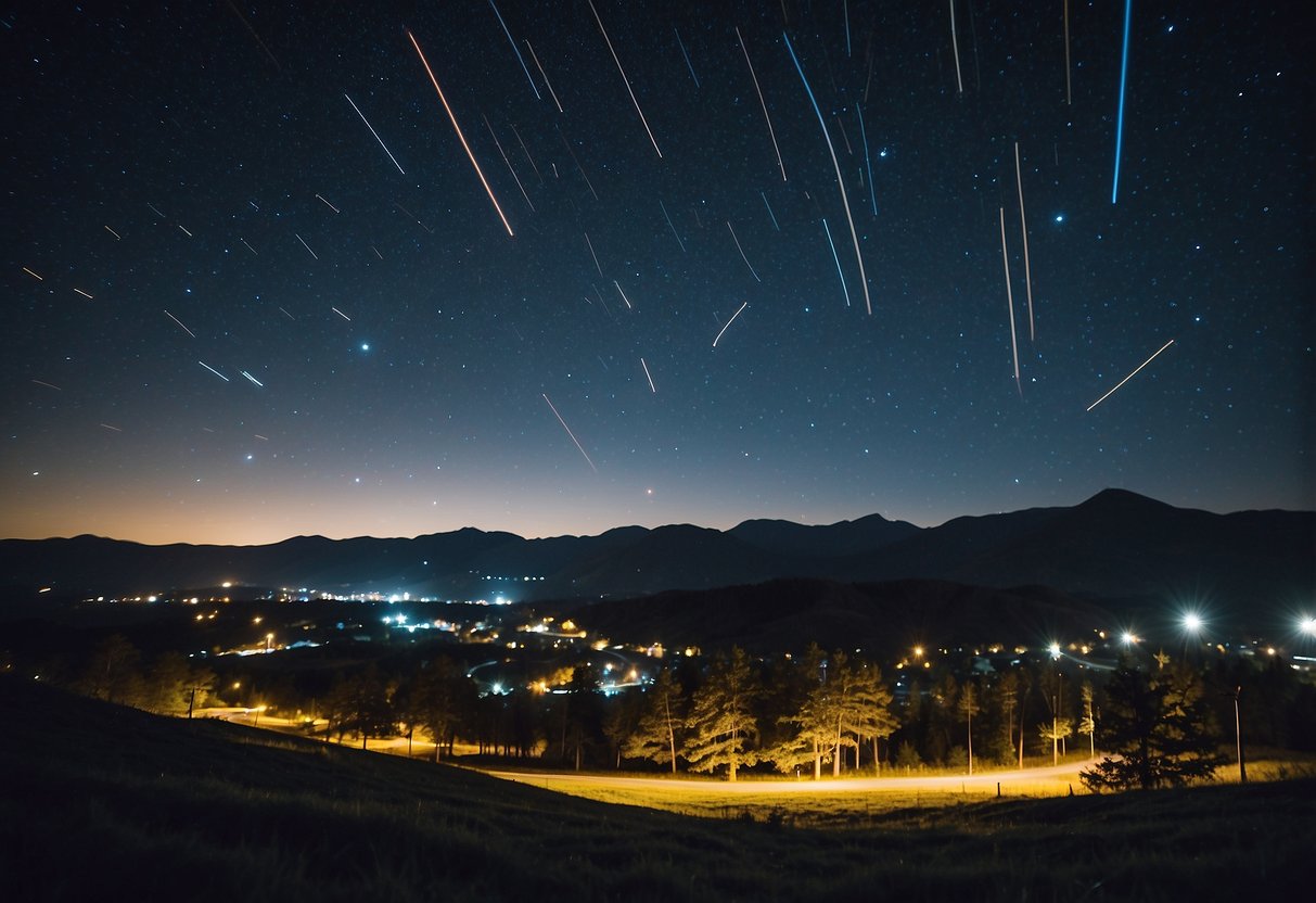 Vibrant streaks of meteors light up the night sky, creating a breathtaking celestial display. The constellations serve as a backdrop, emphasizing the significance of these annual meteor showers