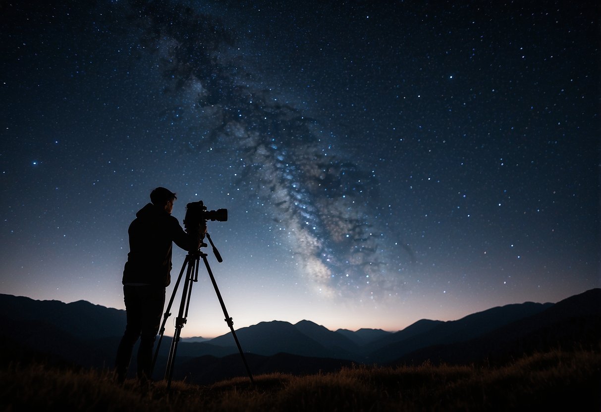 A clear night sky with twinkling stars, a dark silhouette of trees or mountains, a camera on a tripod, and a person adjusting camera settings