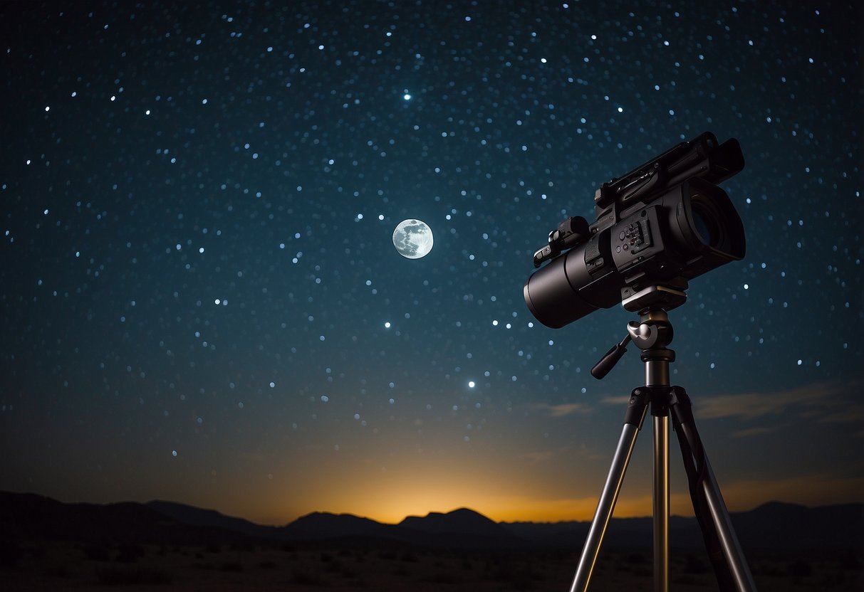 A camera set to low ISO, pointed at the night sky with stars and possibly a moon, surrounded by darkness