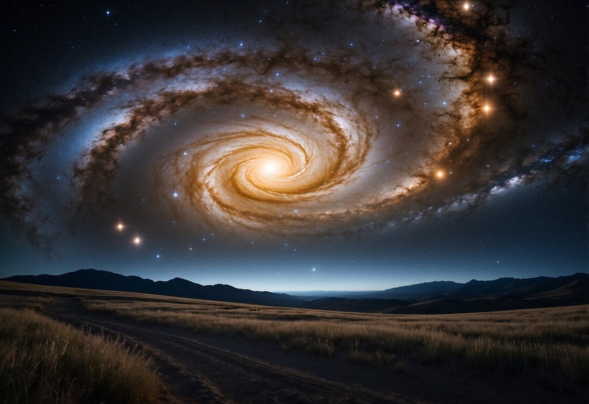 The Milky Way swirls across the night sky, with its spiral arms stretching outwards. Bright stars dot the galaxy, while dark dust clouds add contrast. A sense of vastness and wonder fills the scene