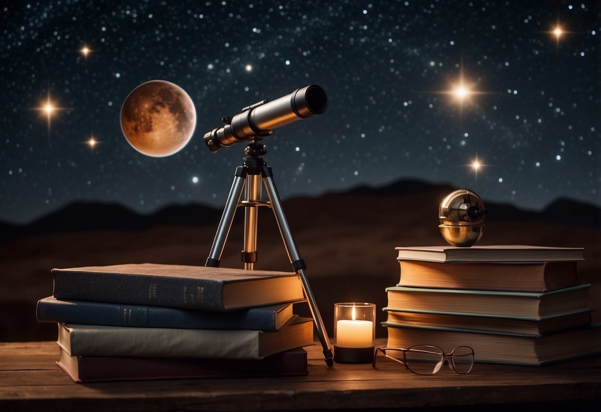 The night sky, stars twinkling, a telescope pointed towards Mars, surrounded by reference books on identifying planets