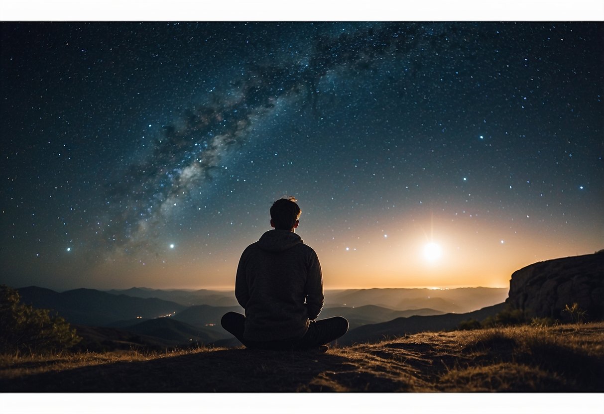 A person sits under a clear night sky, gazing up at the stars. Their focus is sharp as they immerse themselves in the calming and meditative experience of stargazing