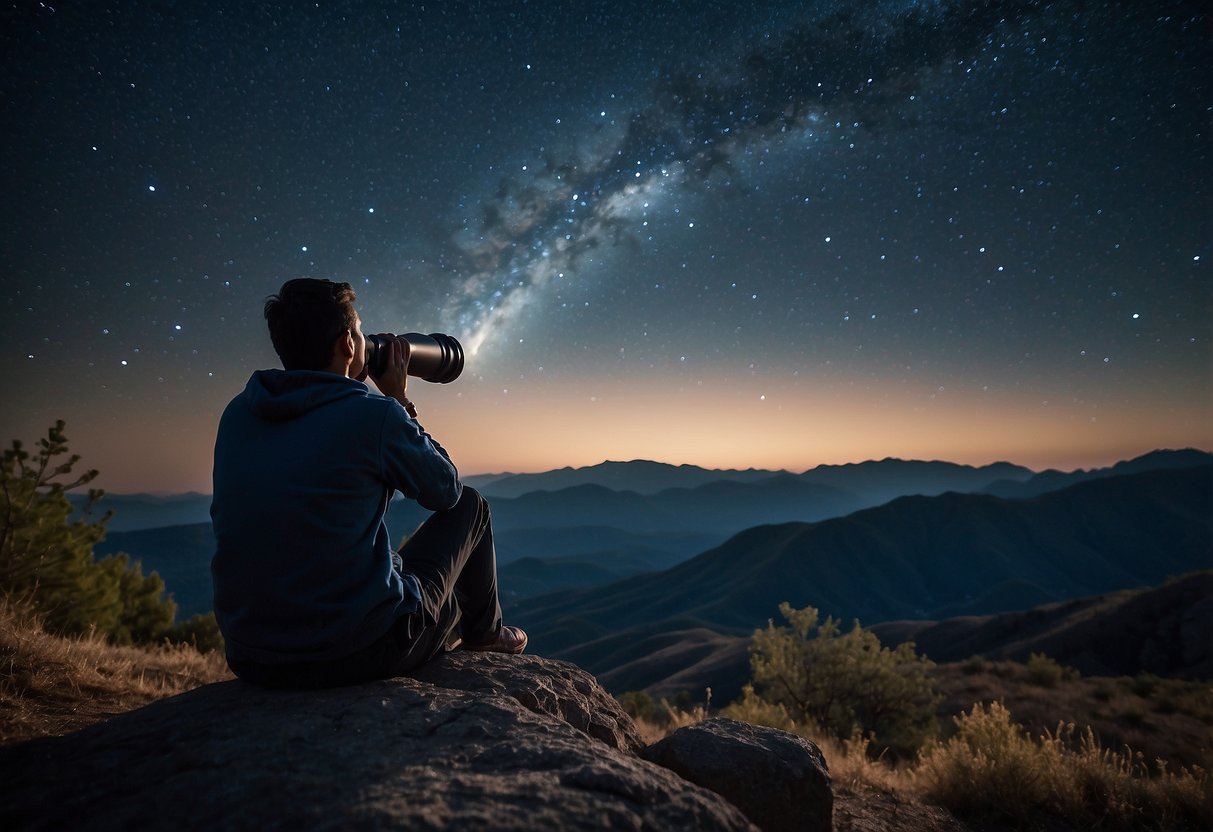 A person sitting under a clear night sky, gazing up at the stars with a telescope. A sense of wonder and tranquility fills the air, providing a peaceful and educational experience for mental well-being