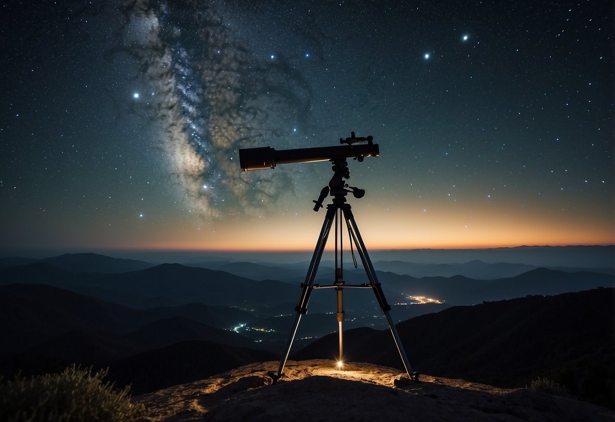 A serene night sky with twinkling stars, a telescope pointed upwards, and a peaceful observer taking in the vastness of the universe