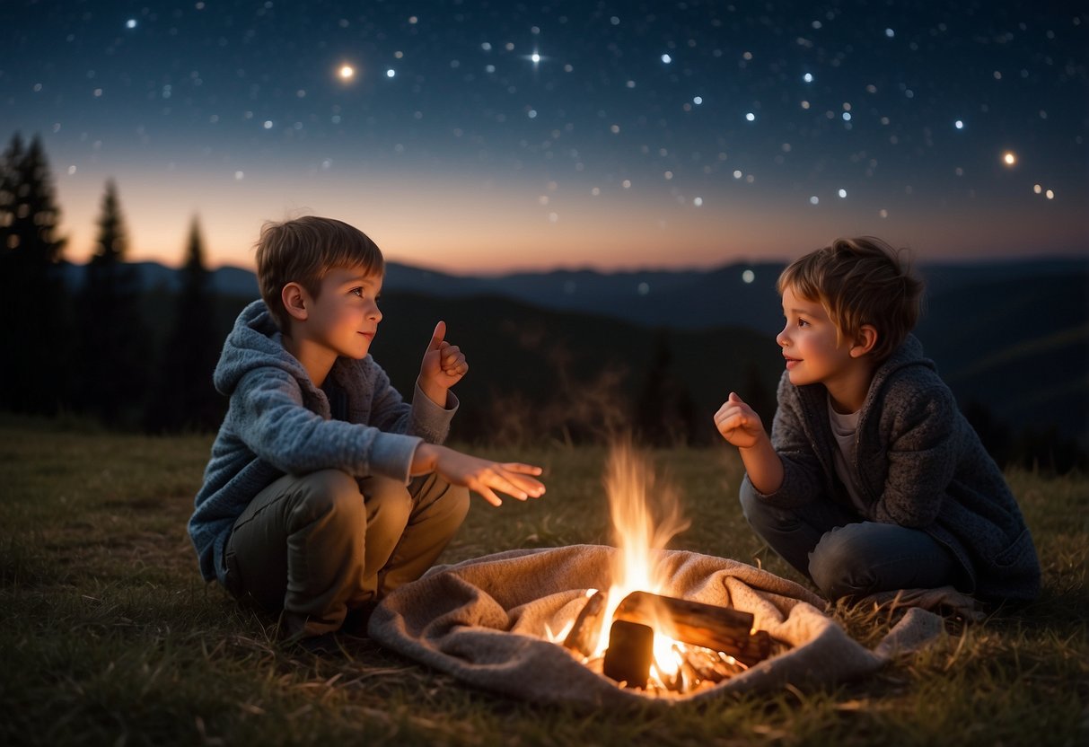 Children pointing at constellations in the night sky, telescope set up nearby, blankets spread out on the ground, a campfire crackling in the background