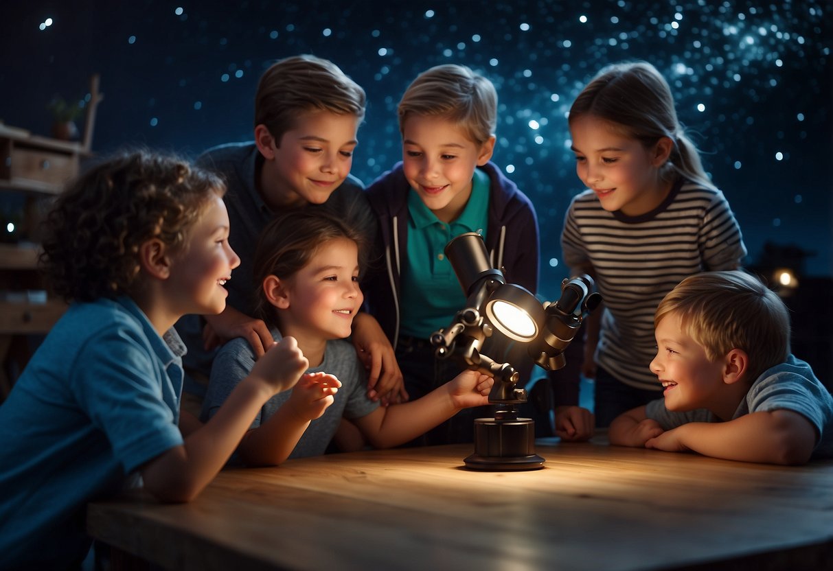 A group of children gather around a telescope, pointing excitedly at the night sky. They are playing a game to identify constellations, using a guidebook and flashlight to search for stars