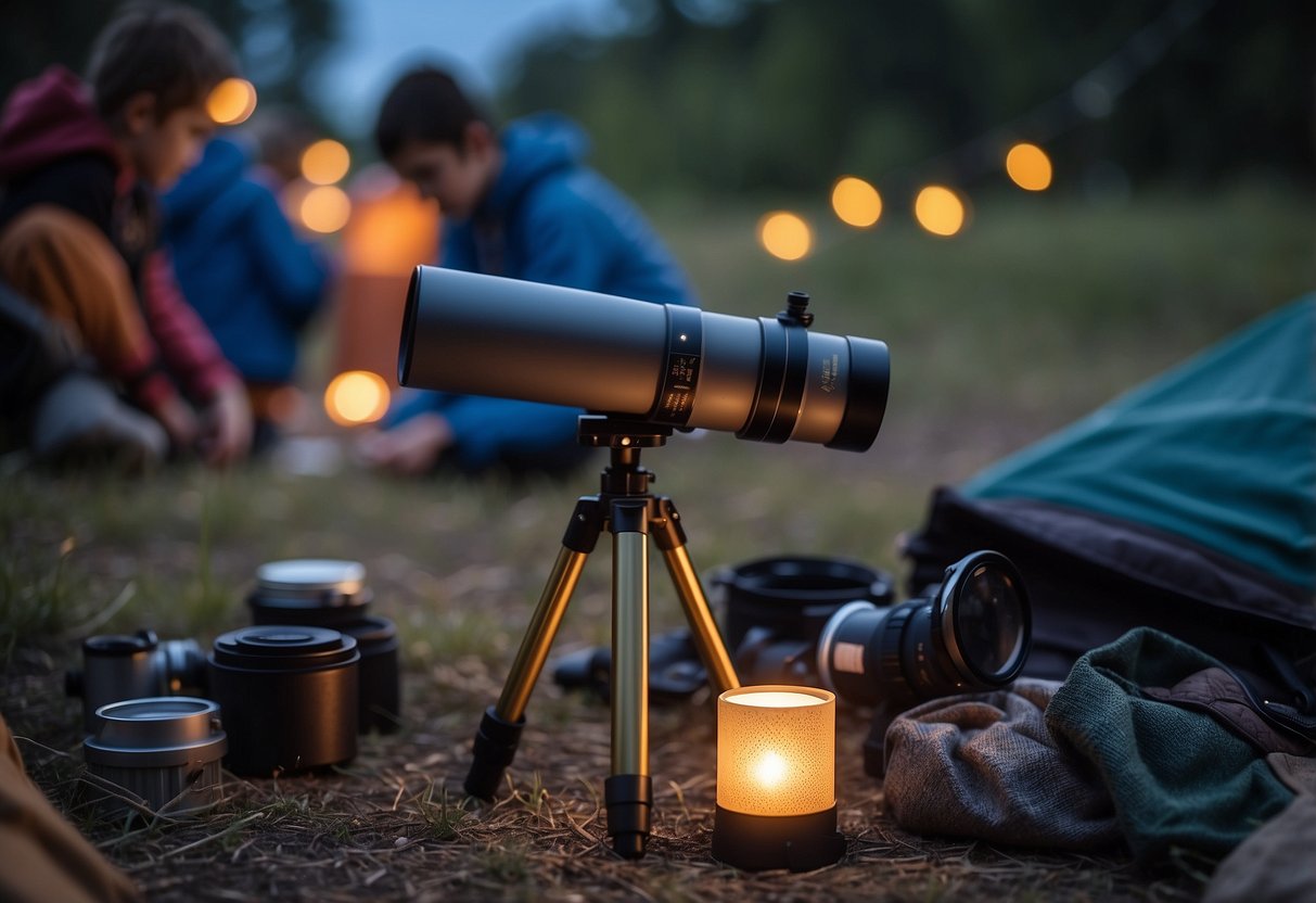 A child's hands assemble a telescope kit under a starry sky, surrounded by camping gear and a glowing campfire