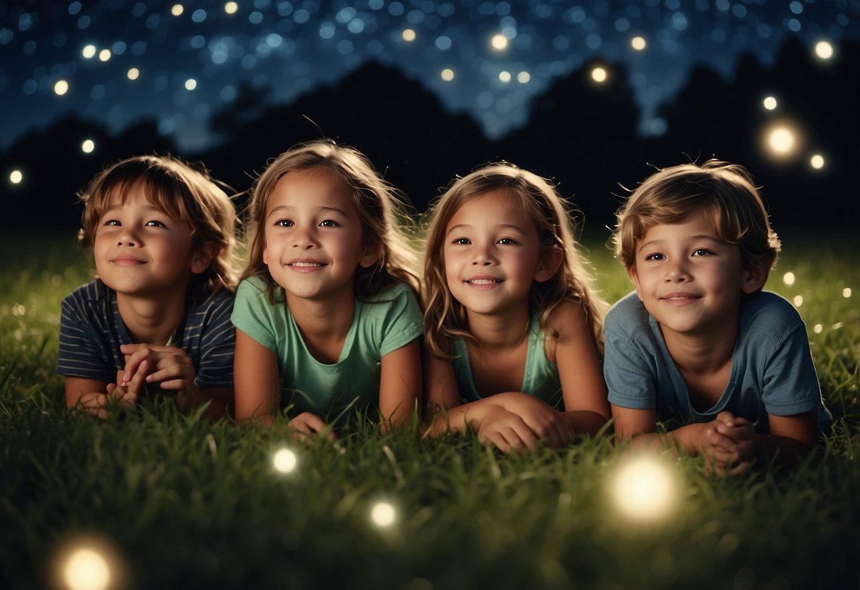 A group of children lay on a grassy field, surrounded by glow-in-the-dark star maps. They point and gaze up at the night sky, marveling at the twinkling stars above