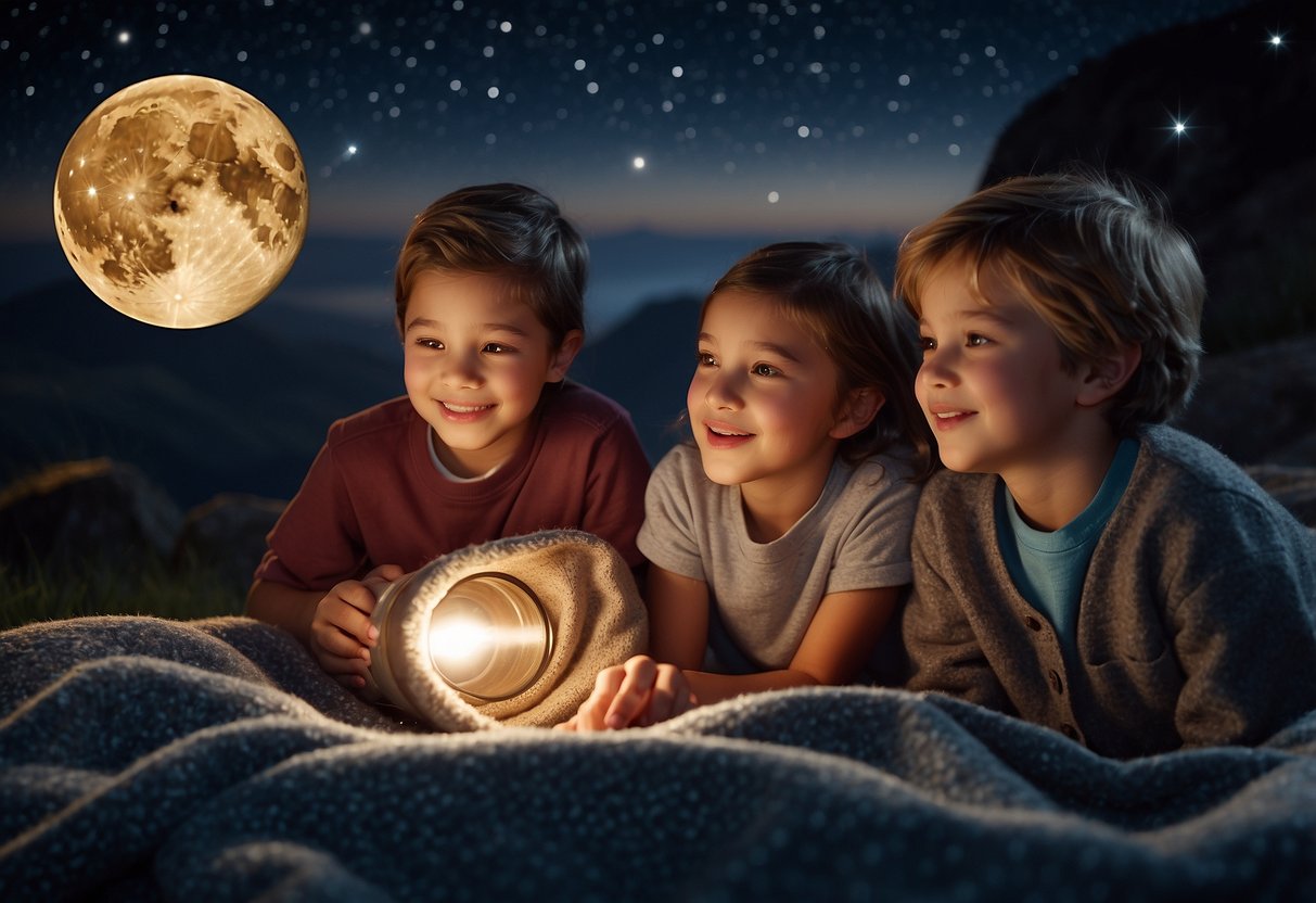 Kids gather around a telescope, pointing excitedly at the night sky. A parent points out constellations while another sets up a cozy blanket and snacks