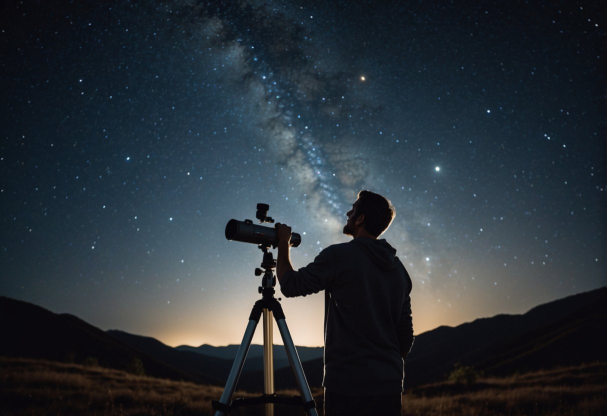 Starry night sky with visible constellations, telescope pointed upwards, person adjusting settings, surrounded by stargazing equipment