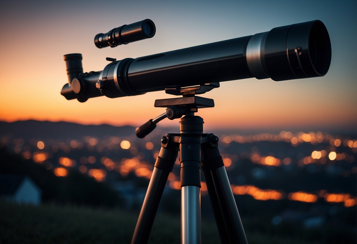 A telescope pointed at the night sky, illuminated by red light for night vision