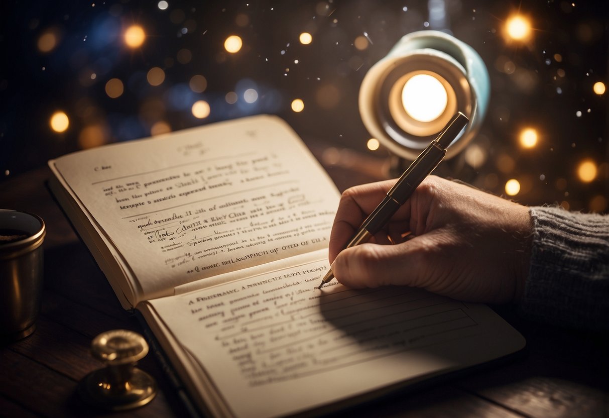 A person's hand writing in a notebook, surrounded by a telescope, star charts, and a mug of hot drink