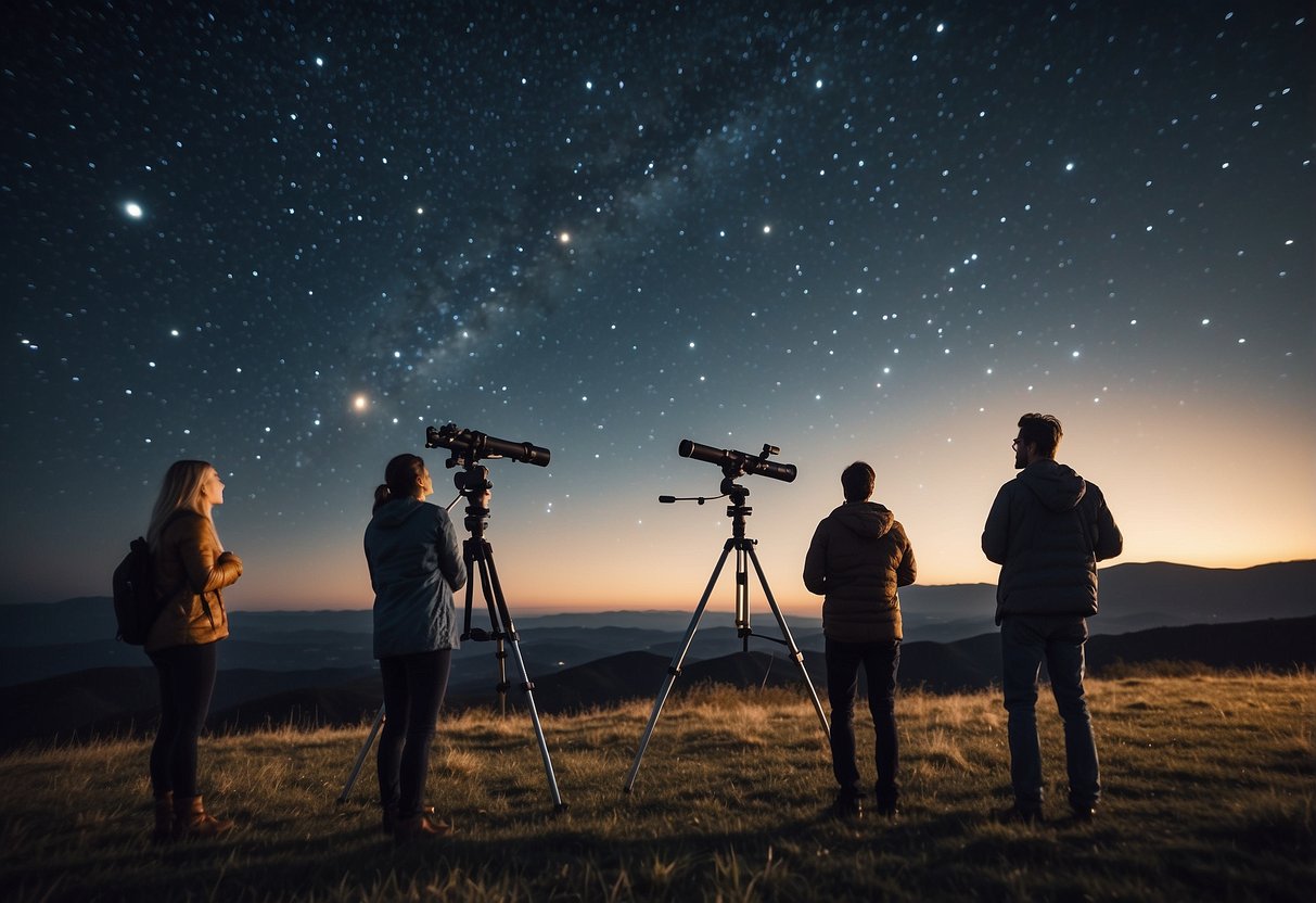 A group of people gather around telescopes, pointing out constellations and discussing common stargazing mistakes. The night sky is filled with stars and the moon, creating a peaceful and educational atmosphere