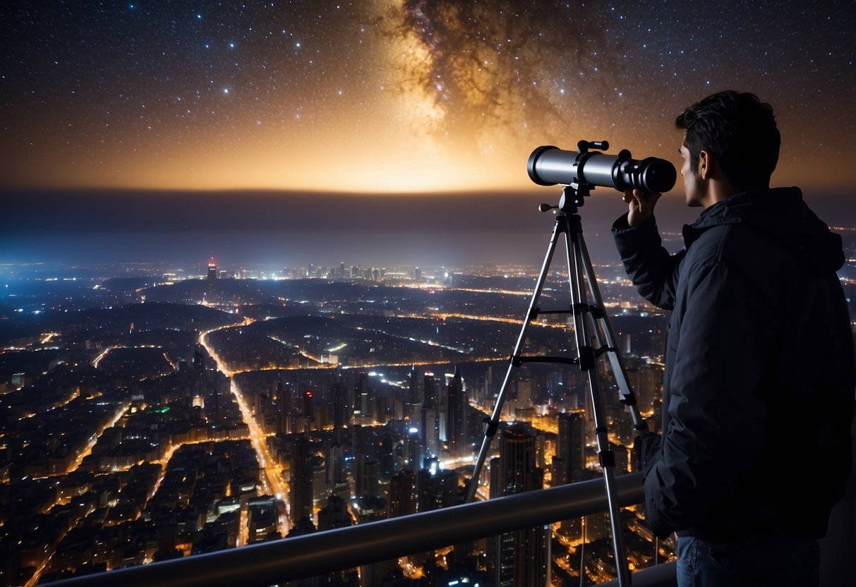 A figure gazes up at a star-filled sky above a city skyline. Lights from buildings create a glow, but the stars still shine brightly. A telescope points towards the heavens, capturing the wonder of stargazing in a light-polluted area